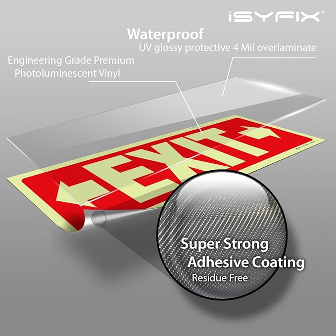 iSYFIX Exit Stickers Signs with Directional Right & Left Arrow 2 Pack 12x4 Inch - Glow in the Dark Photoluminescent Vinyl for Office, School, Business, Warehouse - UV & Weather Resistant for Indoor/Outdoor Use