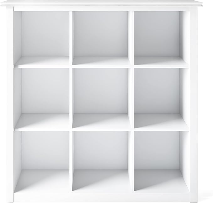 SIMPLIHOME Artisan Bookcase - 43 inch Tall 9-Cube Solid Wood Cube Organizer in White, Transitional Storage Bookcase for Living Room, Study Room or Office with Fixed Shelves and Tapered Legs