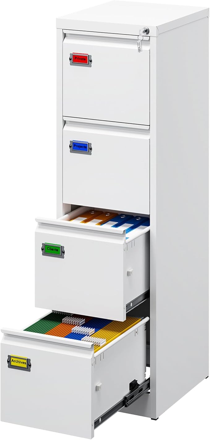 PEUKC 4-Drawer File Cabinet, 16.3" Deep Vertical Filing Cabinet with Lock, Metal File Cabinet for Home Office, Anti-Tip 4 Storage Drawers for Letter/Legal/A4/F4 Size (Assemble Required, White)