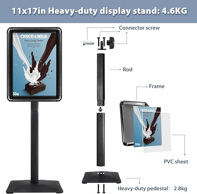 STANDNEE Poster Stand Holder Pedestal Floor Standing Sign Holder 11"x 17" Vertical and Horizontal View Sign Display, Aluminum Snap Open Frame with Safety Corner (Black, 3Packs)