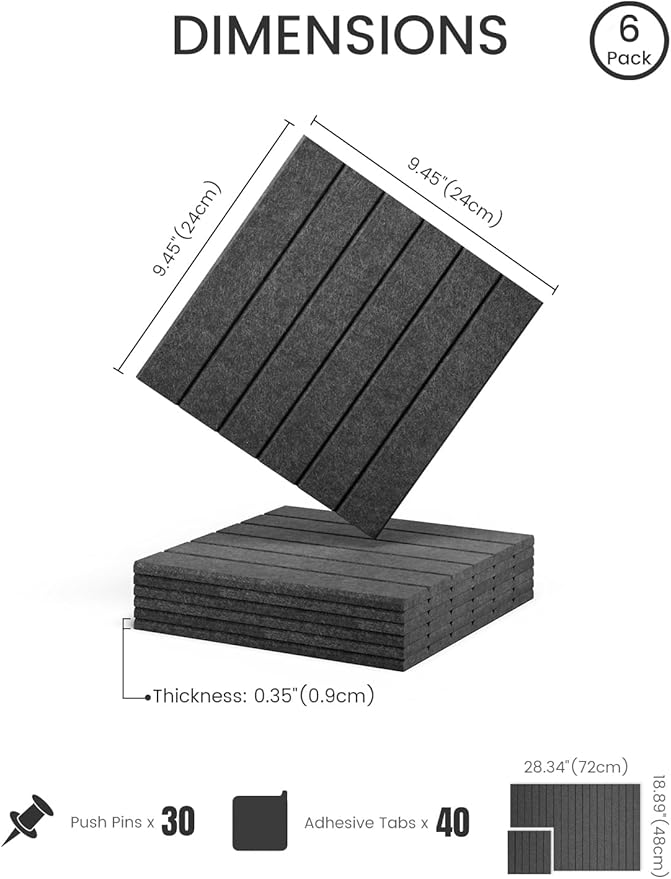 Fluxynara Felt Bulletin Board Tiles -28"x18" with 40 Adhesive Tabs, Cork Board Alternative for Office Decor, Push Pin Board Wall Organizer 6-Pack (Charcoal Gray)