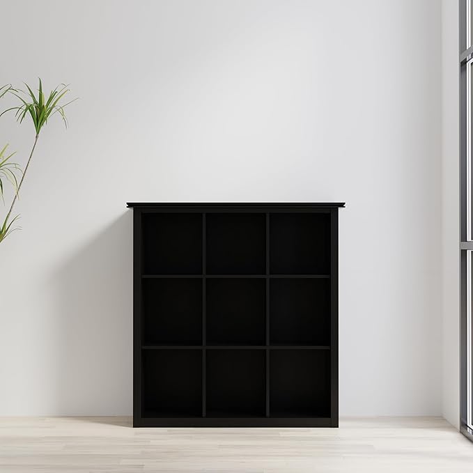 SIMPLIHOME Artisan Bookcase - 43 inch Tall 9-Cube Solid Wood Cube Organizer in Black, Transitional Storage Bookcase for Living Room, Study Room or Office with Fixed Shelves and Tapered Legs
