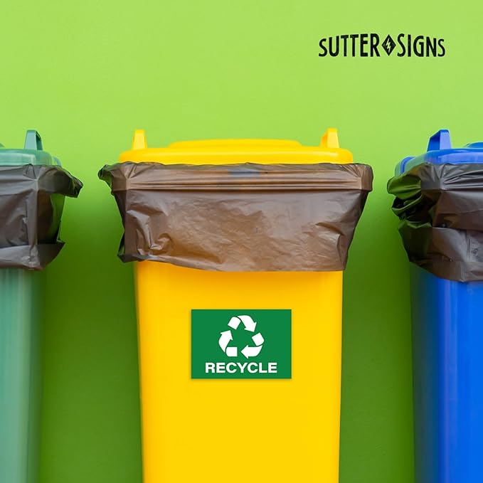 4pc Recycle Stickers + 4pc Trash Stickers | Weatherproof Vinyl Sticker Recycling Signs for Trash Bins, 7" x 10"