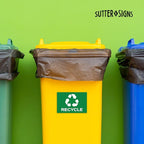 4pc Recycle Stickers + 4pc Trash Stickers | Weatherproof Vinyl Sticker Recycling Signs for Trash Bins, 7" x 10"