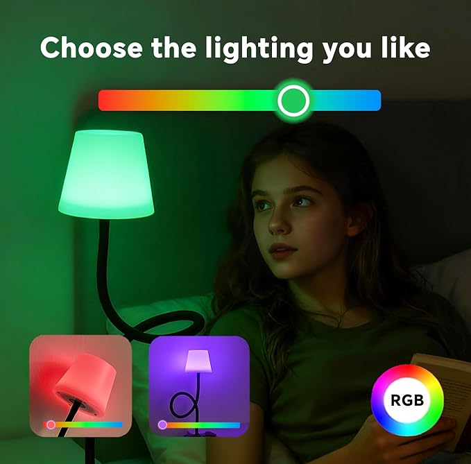 Rdzoko Clip On Light and Bed Reading Light, Clip on for Desk, Bedside Lamps for Dorm, College Dorm Room Essentials, Night Light for Kids Nursery, Multicolor LEDs, Adapter Included