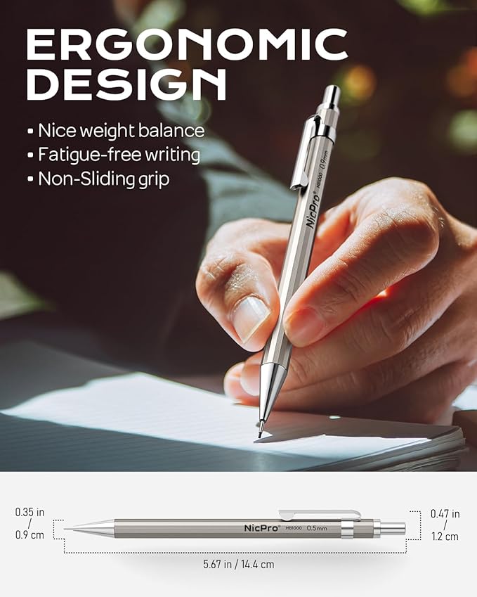 Nicpro 4 Pack Metal Mechanical Pencil Set 0.9mm, MB1000 Lead Drafting Pencil 0.9 mm with 6 Tube HB #2 Lead Refill, 3PCS 4B Eraser, 9 Cap Eraser for Artist Writing, Sketching, Drawing- Come with Case