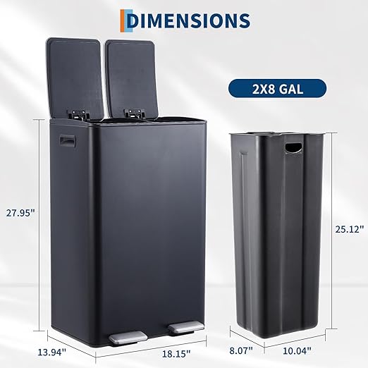 Garvee Dual Trash Can, 16 Gal (2 x 30 l) Stainless Steel Kitchen Garbage Can with Lid and Inner Bucket, Double Compartment Trash and Recycle Bin Combo with Step Pedal for Home Office, Black