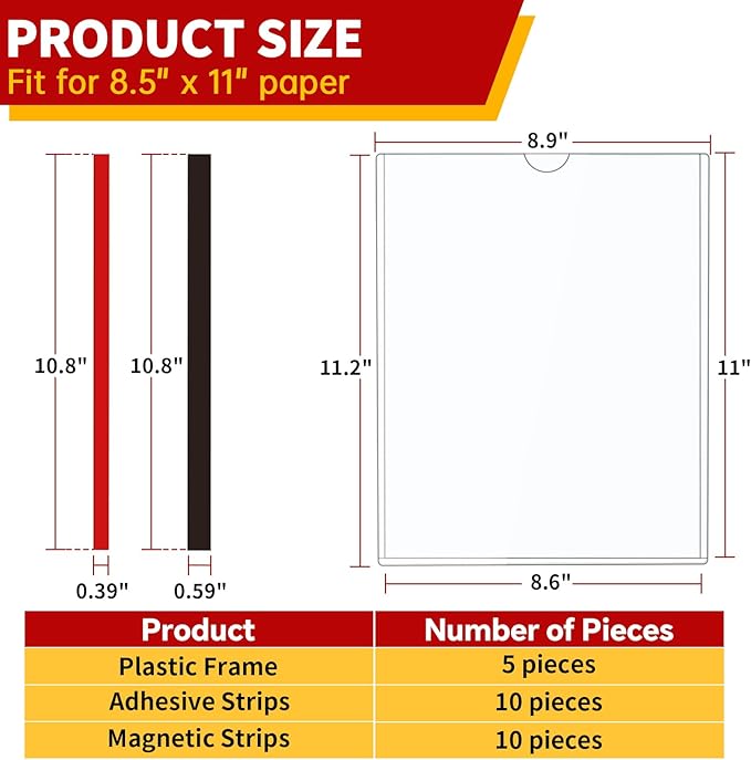JR-MOV Magnetic Sign Holder 8.5 x 11 - Rigid Plastic Wall Sign Holder Reusable Adhesive Frames, Magnetic Frame for Refrigerator Door Window, Clear Rigid Print Protectors for Paper Picture, 5 Pack