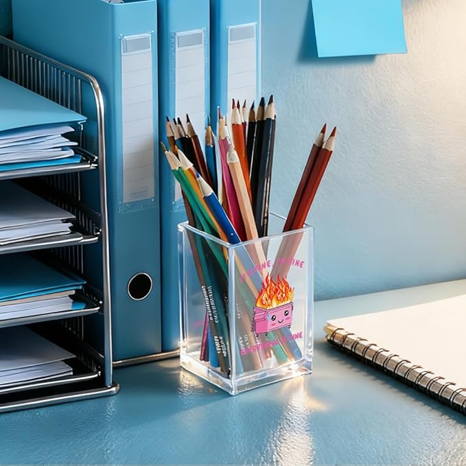 QYUVK It's Fine I'm Fine Everything Is Acrylic Makeup Brush Pencil Holder Cup, Funny Pink Dumpster Fire Pen Holder Gifts For Friends HR Nurse, Office Gifts for Women Coworker, Pencil Cup for Desk
