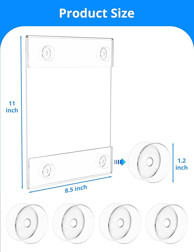NIUBEE Acrylic Window Sign Holder:Glass Door Sign Holder with 4 Suction Cups 8.5x11 Inch--Window Mount for Displaying Flyers, Notices, Documents and Menus, for Office, Store, Home, Restaurant Use (12 Pack)