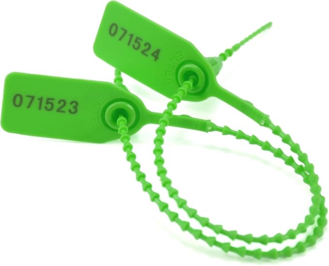 100Pcs Plastic Tamper Shipping Seals Pull-Tite Security Seal Signage Numbered Fire Extinguisher Tags Zip Ties Labels Disposable Self Locking for Logistics, Luggage,Transport (Green, 100pcs)