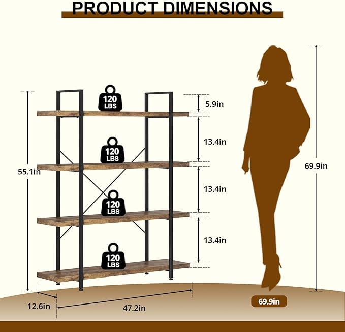 FURSUN Heavy Duty 4 Tier Bookcase, 55-in Tall Industrial Modern Large Bookshelf, Wood Farmhouse Bookcases Book Shelves and Metal Frame for Office, Bedroom, Living Room, Brown