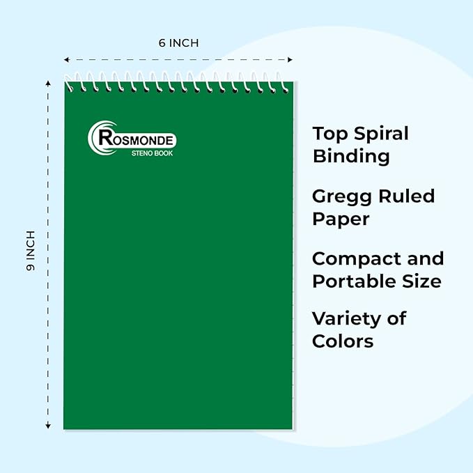 Rosmonde Steno Pads Spiral 6x9 24 Pack, Gregg Ruled Steno Pad, Assorted Colors, 80 Sheets (160 Pages), Bulk B2B Value Pack, Long Lasting, Bulk Steno Notebooks Top Spiral Steno Book for Office & Home
