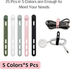 25 PCS Silicone Cable Ties Cord Organizer -[3 Adjustable Holes] Multi Color Elastic Reusable Cord Wraps Management, Home Organizer Ties for Phone Charger Electrical Cable, Travel Essentials