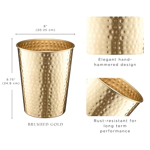 Monarch Abode Metal Bathroom Trash Can – Waste Basket for Bedroom, Office Desk, & Dorm, Hand Hammered, Durable Decorative Brushed Gold Small Trash Can Bathroom Garbage Bin Wastebasket