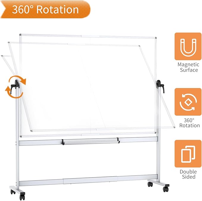 VIZ-PRO Double-Sided Mobile Whiteboard, 60 x 48 Inches, Magnetic Rolling Dry Erase White Board on Wheels with Aluminium Frame and Stand 5' x 4'