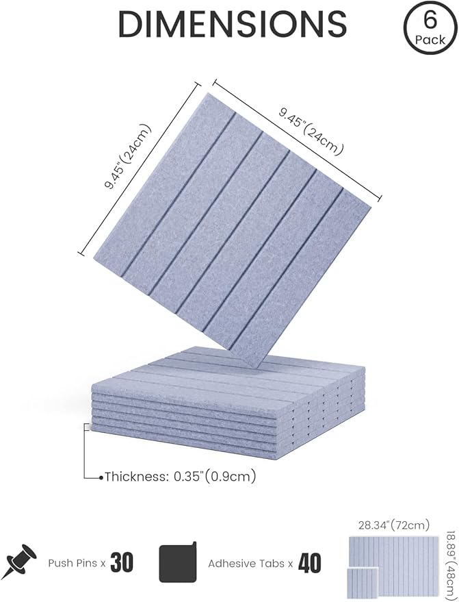 Fluxynara Felt Bulletin Board Tiles -28"x18" with 40 Adhesive Tabs, Cork Board Alternative for Office Decor, Push Pin Board Wall Organizer 6-Pack (Soft Periwinkle)