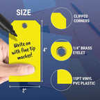 Tags 4 Less 15 Mil Waterproof Plastic Tags, Pack of 100 – 2” x 4” Heavy Duty Plastic Tags for Labeling, Outdoor Tagging, Equipment Labeling, Luggage, Valves & More (Yellow)