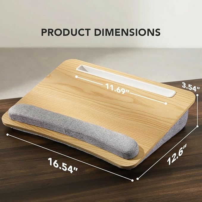 HUANUO Lap Laptop Desk - Portable Lap Desk with Pillow Cushion, Fits up to 15.6 inch Laptop, with Anti-Slip Strip & Storage Function for Home Office Students Use as Computer Laptop Stand - Light Wood