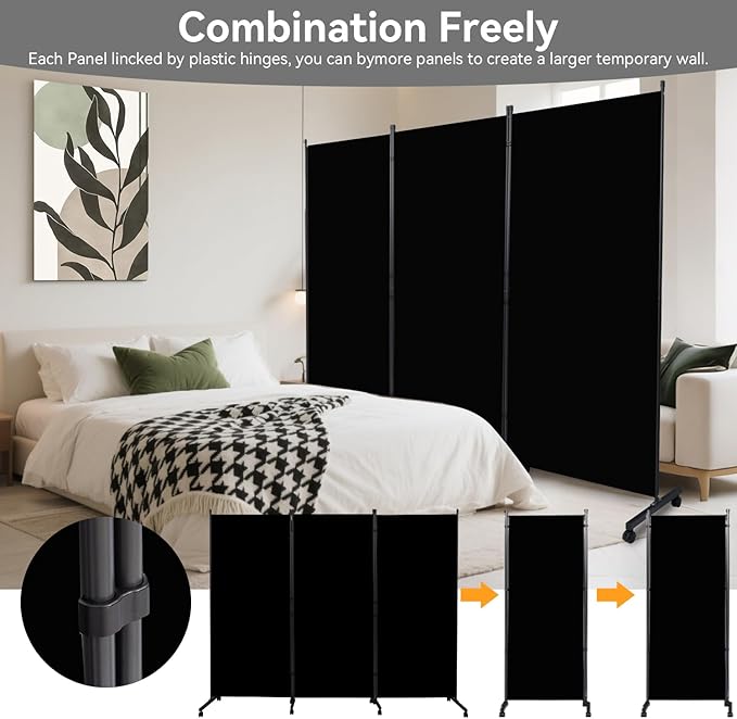 Room Divider (3 Panel) Wall Divider for Room Separation, 102 inch Wide Portable Privacy Screens W/Wheels, Metal Frame Freestanding Room Separators 5.6FT Room Partitions and Dividers