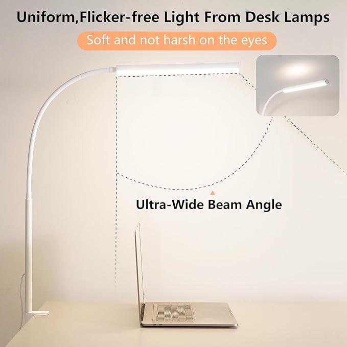 FAPEMIH LED Desk Lamp for Office Home, Adjustable Flexible Eye-Caring Desk Light with,5 Modes 10 Brightness Adjustment, USB Adapter Desk Lamp with Clamp-LK-W