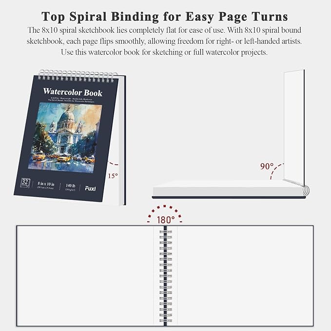 Fuxi 8x10 Watercolor Paper, 140lb Cold Press Watercolor Spiral Notebook, 32 Sheets (64 Pages) Water Color Sketchbook, Art Supplies Adults Professional.