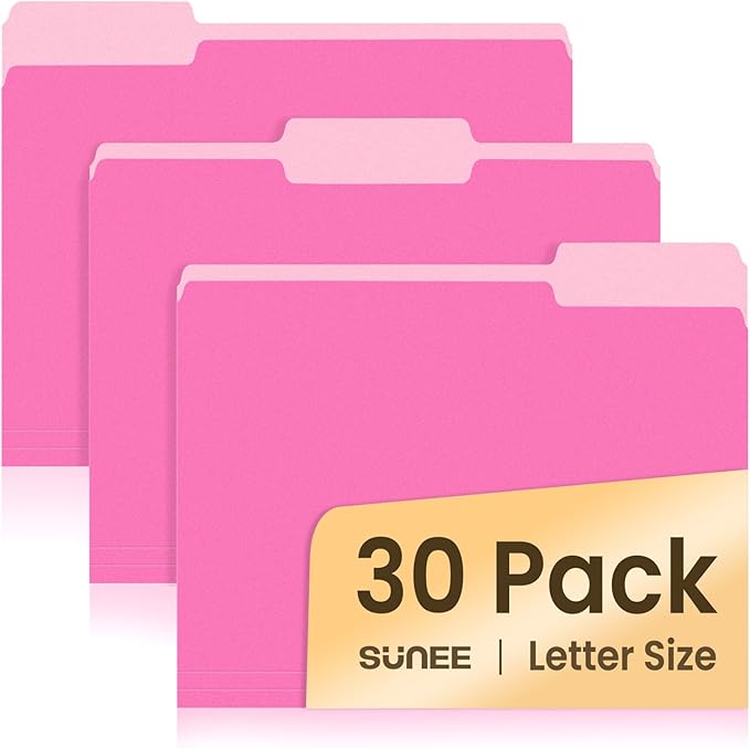 SUNEE File Folders, 30 Pack Manilla Folders 8.5 x 11, Colored File Folders Home Office School Supplies for Documents Files Paper, Neon Pink