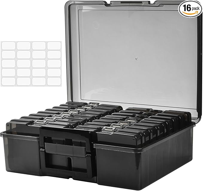 ALINK Photo Storage Box with Handle, 4" x 6" Photo Organizer Storage Container with 16 Inner Case and 1 Sheet Label for Pictures, Arts, Crafts, Sewing, Stickers, Seeds, Office Supplies - Black