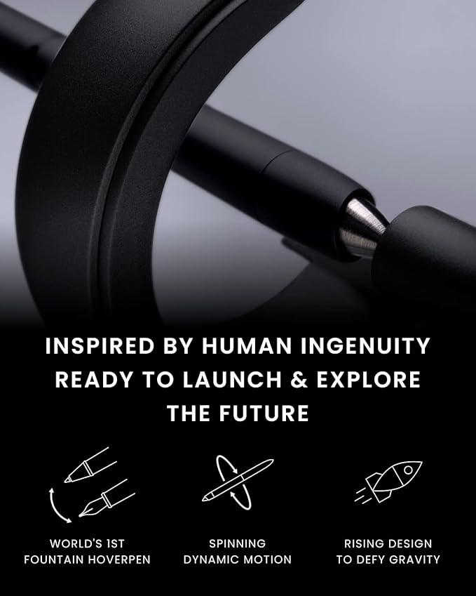 novium Hoverpen Future - Luxury Fountain Pen, Schmidt Nib (Fine), Converter, Extra Refill, Futuristic Aesthetic, Aerospace Metal, Best Pen Gift Set for Men & Women (Deep Black)