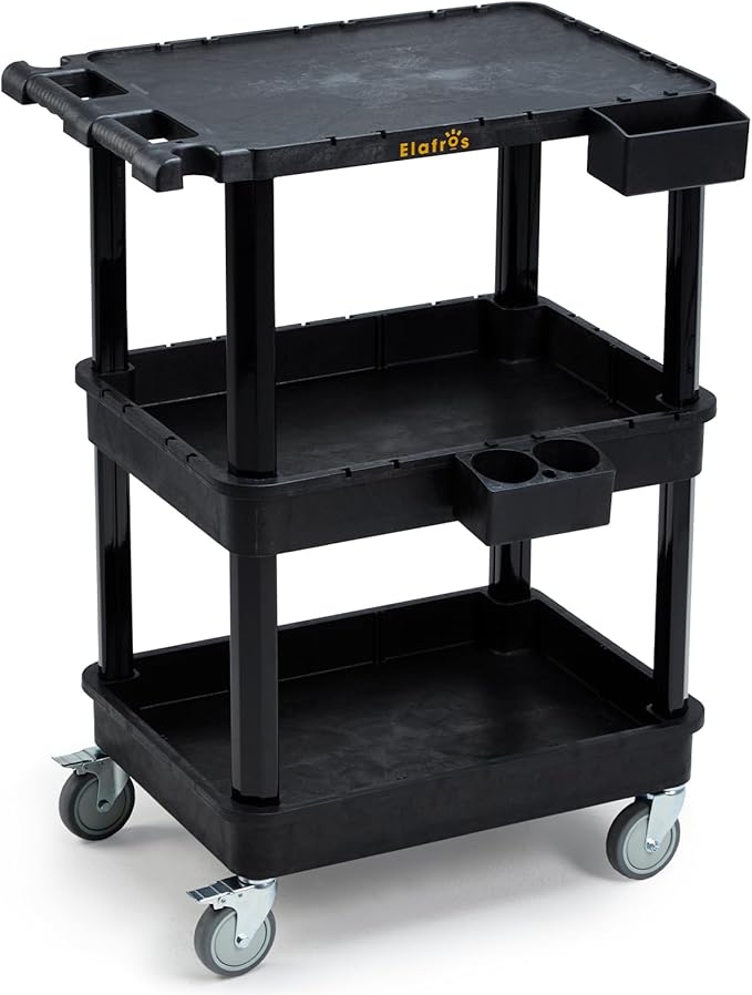 ELAFROS 3-Tier Utility Cart with Flat Top and Deep Shelves, 27.5 x 18.25, Compact Rolling Cart with 4" Wheels, Heavy-Duty Plastic, 330 lbs Capacity for Office, Workshop, Warehouse