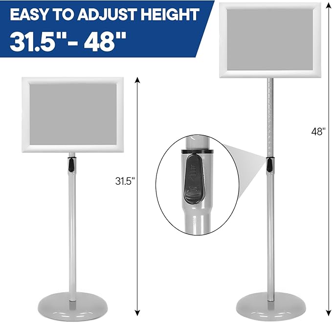 Adjustable Poster Stand Holder Heavy Duty Snap Open Aluminum Pedestal Floor Standing Sign Holder Vertical and Horizontal View Sign Displayed (Silver, 8.5x11inches)