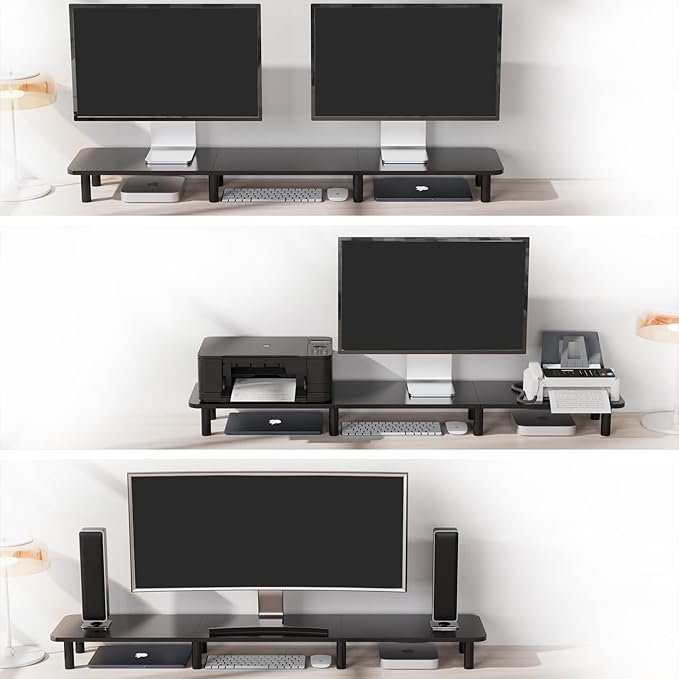 WEGASTU 43.7" Extra Long Dual Monitor Stand Riser, Wood & Steel Monitor Stand for 2 Monitors, Wide TV Stand, Desktop Riser for Desk Organization, Home Office，Laptop,Printer,TV (Black)