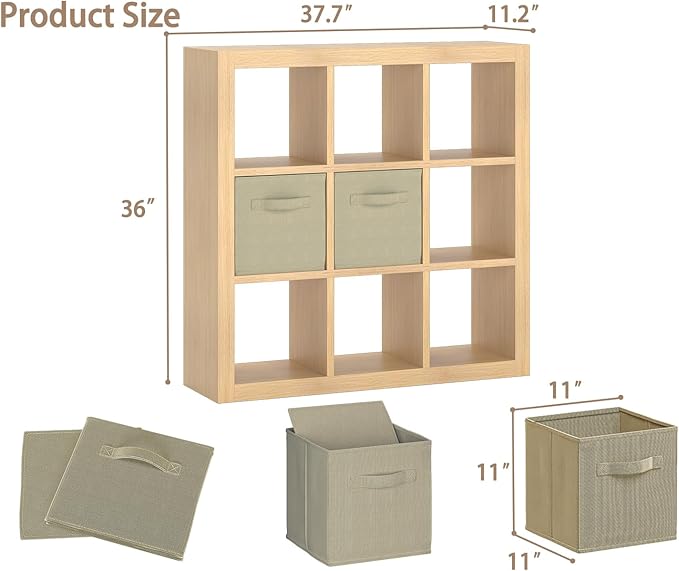 Bookshelf with Storage Bins, 9-Cube Storage Organizer Sturdy Wooden Bookcase Open Book Shelf, Multifunctional Cubicle Rack for Storage & Display, Furniture for Living Room Bedroom Office, Oak