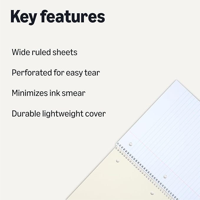 Amazon Basics Wide Ruled Spiral Notebook, 70 Sheets, 7-1/2" x 10-1/2", 3 pack, Assorted Primary Solid Colors