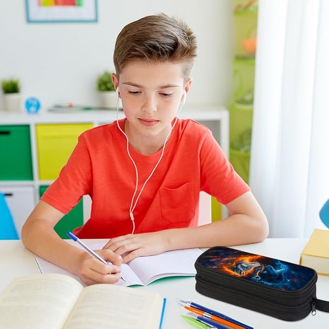 HiMagics Children's Pencil Case, Large Zipper Pencil Pouch for Boys with Two Compartments Boys Pen Pouch for School Wolf Pencil Bag, Black