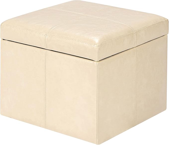 Adeco Faux Leather Cube Storage Ottoman, Warm Beige Ottomans for Living Room, Bedroom