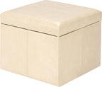 Adeco Faux Leather Cube Storage Ottoman, Warm Beige Ottomans for Living Room, Bedroom