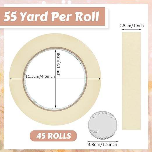 Fainne Masking Tape Bulk General Purpose Masking Painting Tape 55 Yards for Painting Home Office School Stationery Arts Crafts Basic Use, Easy Removal(45 Rolls,1 Inch)