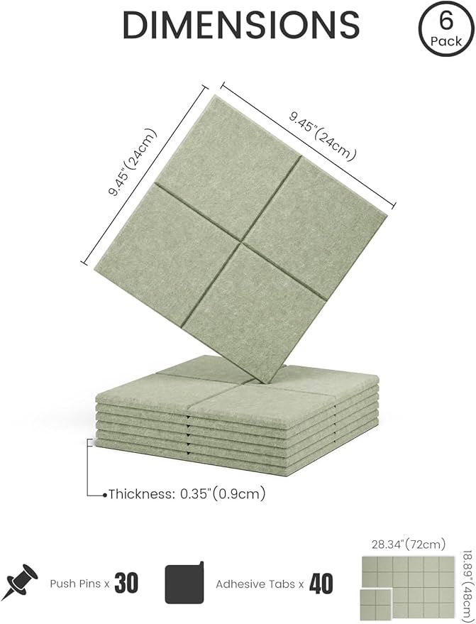 Fluxynara Felt Bulletin Board Tiles -28"x18" Cork Board Alternative for Office Decor, Push Pin Board Wall Organizer 6-Pack - Sage