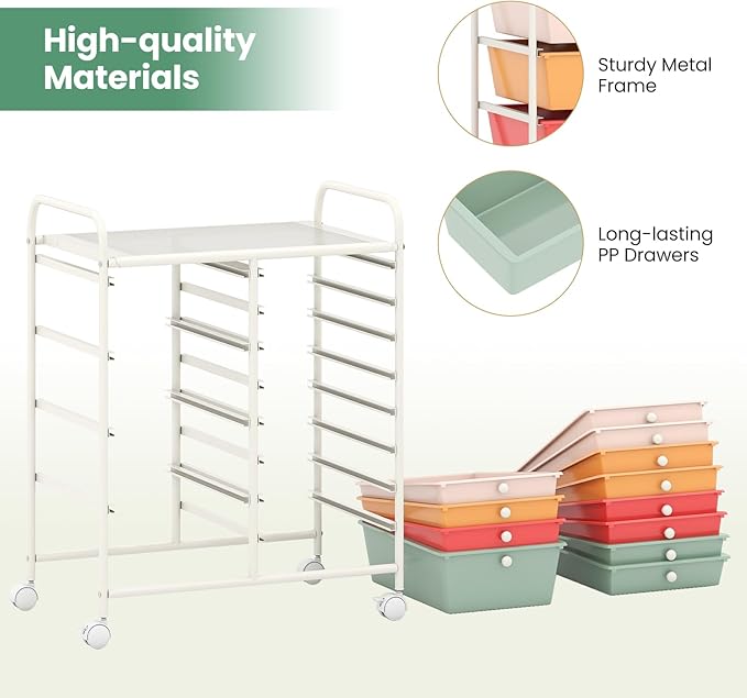 Giantex 12 Drawer Rolling Cart with Drawers, Storage Organizer Cart for Classroom Office School Teacher, Mobile Drawer Cart for Tools, Crafts, Small Printer, Macaron Multicolor