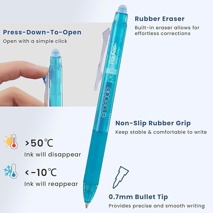 ParKoo 26 Colors Erasable Gel Pens, Retractable Erasable Pens Fine Point (0.7), Make Mistakes Disappear, Assorted Color Inks for Writing Drawing Coloring Planner