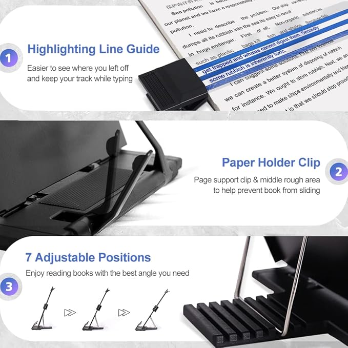 Desktop Document Holder Stand with 7 Adjustable Positions, Black Metal File Organizer Management Copyholder for Typing Speech Reading A4 Letter Music Book Tablet Office, with Paper Clip and Line Guide