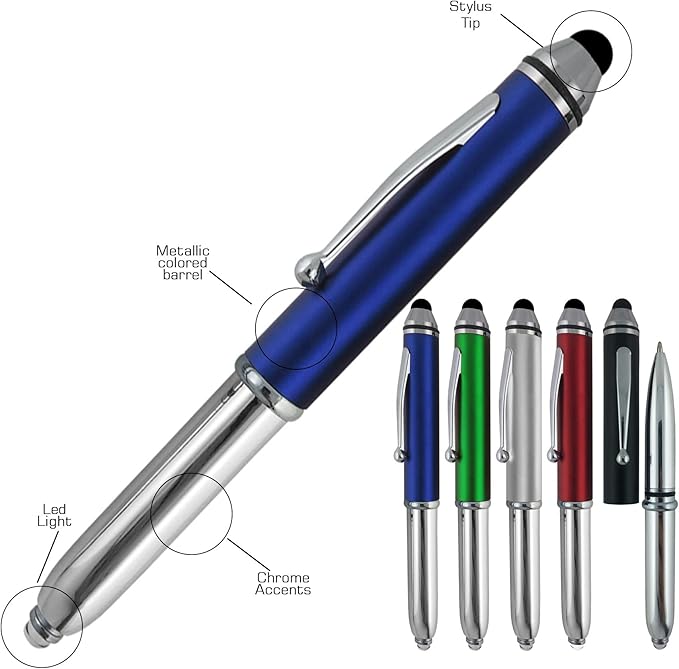 Promotional Pens with Personalized Text or Custom Business Logo- Bulk 150 Pack- for Marketing, Parties, and Events, 3 in 1 LED Flashlight + Ballpoint Pen + Stylus for Touchscreen Devices, Assorted