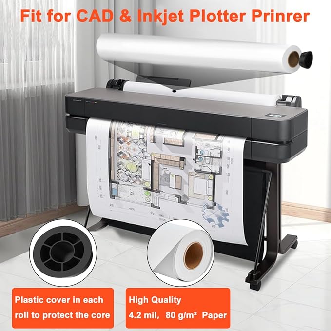 Plotter Paper 36" x 150', 2" Core 4.2 mil - 80 g/m² 20lb Bond Tracing Paper Roll for Wide Format Ink Jet Printers | Architectural Blueprints, Engineering Drawings, CAD, Custom-Sized Prints (4 Rolls）