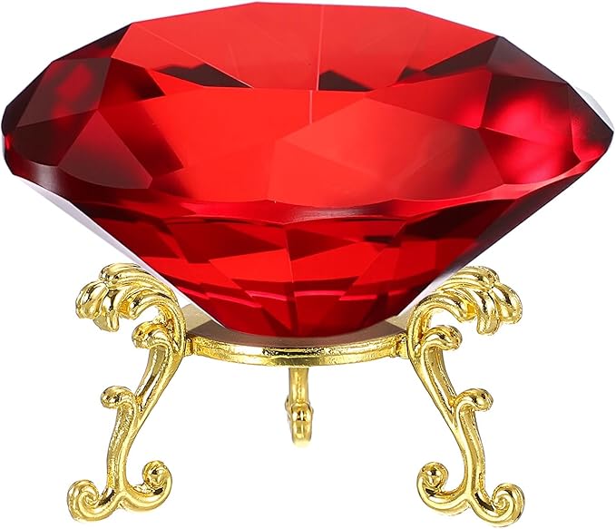 PATIKIL Diamond Crystal Paperweight, 80mm / 3.15" Crystal Paperweight Paper Weight with Gold 19 Metal Base for Home Office Desktop Table Decor Wedding Party Ornaments, Red