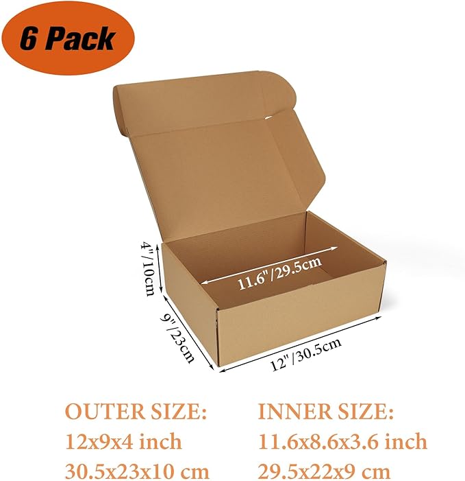 PHAREGE 12x9x4 inch Shipping Boxes 6 Pack Brown, Tab Lock Tuck Top Mailer Boxes for Packaging Small Business, Medium Cardboard Gift Boxes for Wrapping Mailing Present