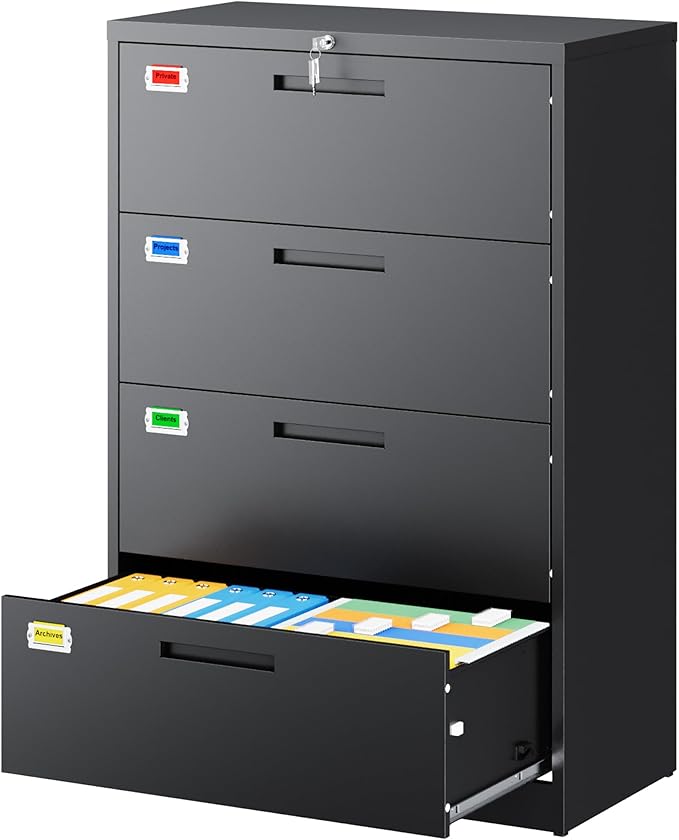 PEUKC 4 Drawer File Cabinet, Lateral Filing Cabinets for Home Office, Office Storage Drawers with Lock, Hanging Files Legal/Letter A4 Size (Assemble Required,Black)
