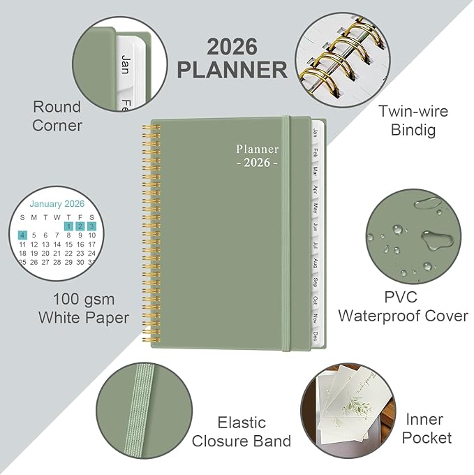 2026 Planner - Academic Planner 2026 from January 2026 to December 2026 with 12 Monthly Tabs, Flexible Cover, Inner Pocket, 8.5" x 11", Green