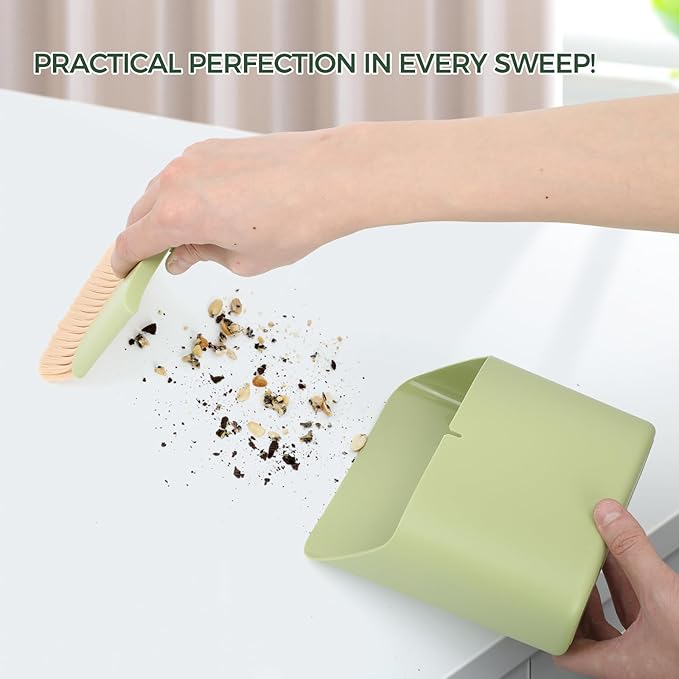 SAYAPE Small Broom and Dustpan Set, Portable Hand Whisk Broom Brush, Mini Hanging Trash Can, Soft Bristle Household Brooms with Dust Pan Combo Set for Cleaning Home, Desktops - 2 Pack (Gray+Green)
