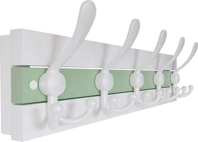 SKOLOO Coastal Wall Mounted Coat Rack - 16-7/8" Beach House Entryway Wooden Coat Hook with 5 Hooks for Hanging Coats, Hats or Towels, Oceanfront Cottage Core Collection, White & Green